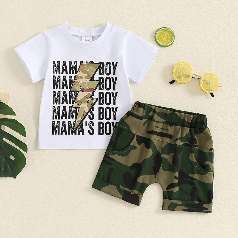 

2024-05-08 Lioraitiin Toddler Baby Boy Summer Outfit Letter Print Short Sleeve T-Shirt Elastic Waist Camouflage Print Shorts Set