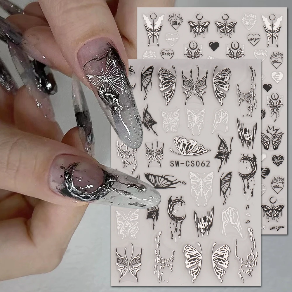 3D Metallic Silver Nail Stickers Farfalla Ink Moon Heart Sliders Charms Lock Dark Black Foils Nail Decor Accessorio Per Gioielli Sasw