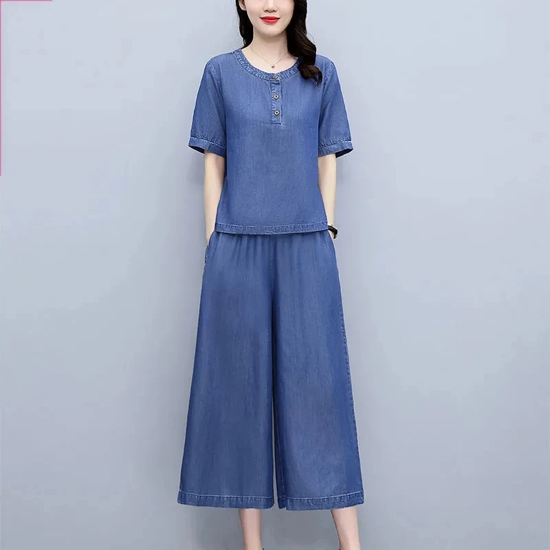 Two piece Women's Denim Suit 2025 Summer New Loose Thin Short sleeved Top+Wide leg pants Fashion Casual Women Clothing sets