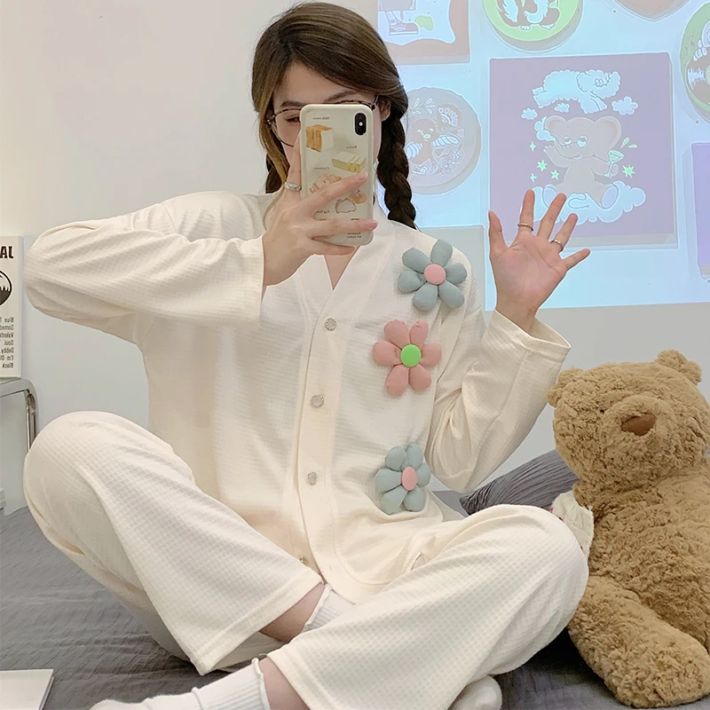 Spring double long cardigan V-neck pajamas women's cotton like long sleeved Korean casual sweet lovely girls' home clothes