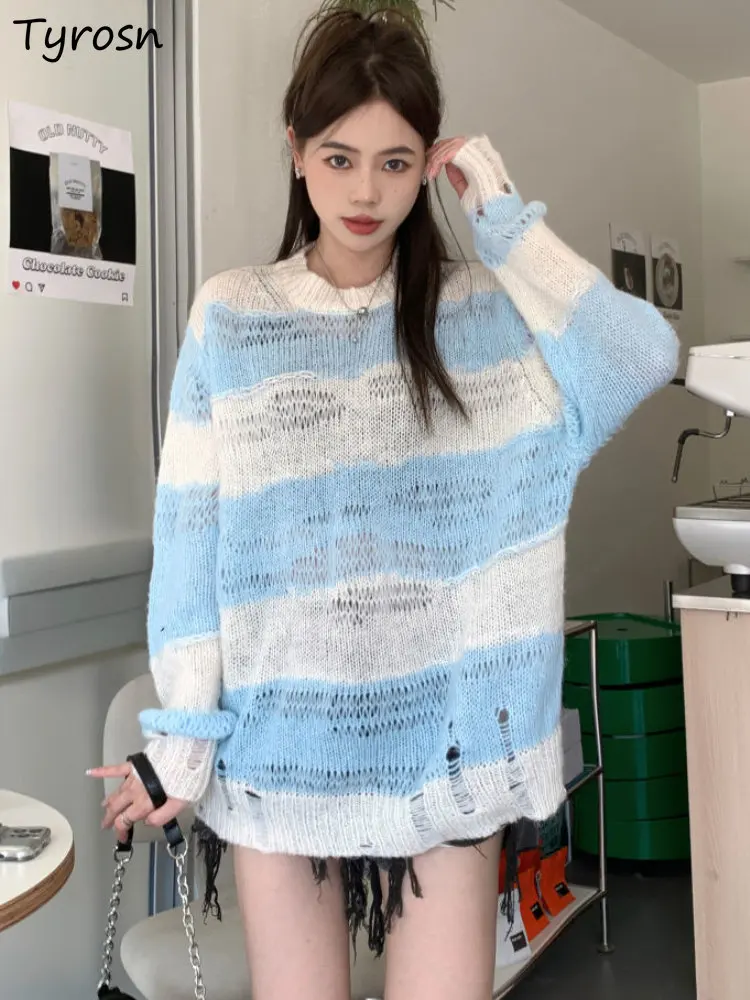 

Женские пуловеры с вырезами, индивидуальный свободный стильный Повседневный простой осенний свитер в полоску, подходящий ко всему, в Корейском стиле для дам