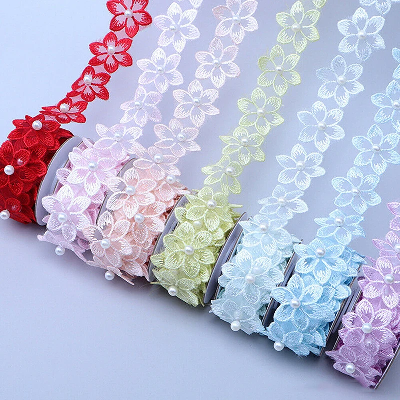 1 Yards Flower Pearl Beaded Embroidered Flower Lace Ribbon Trim Beaded Fringe Lace Fabric Handmade Dress Sewing Supplies