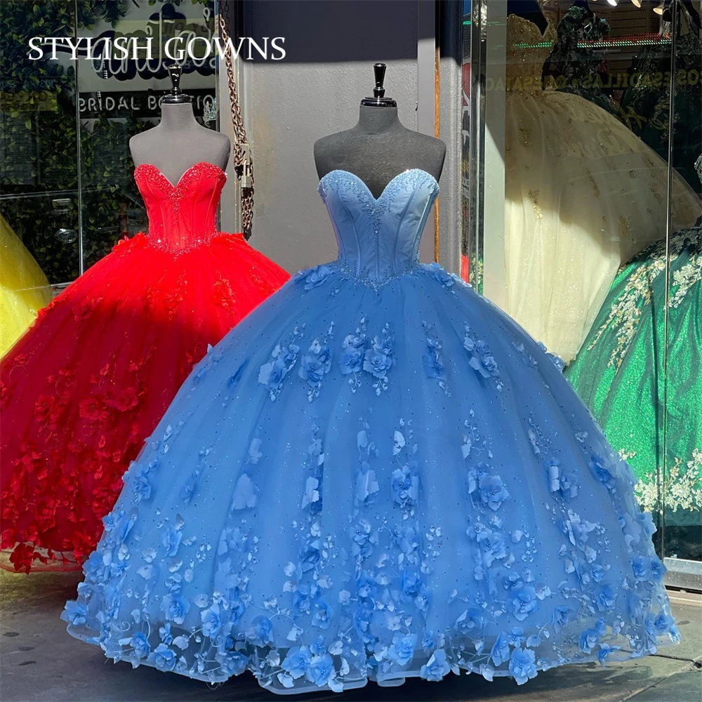 

Light Blue Handmade Flowers Quinceanera Dress 2022 Sweetheart Prom Dresses for Girl Graduation Wear Beaded Birthday Party Gowns