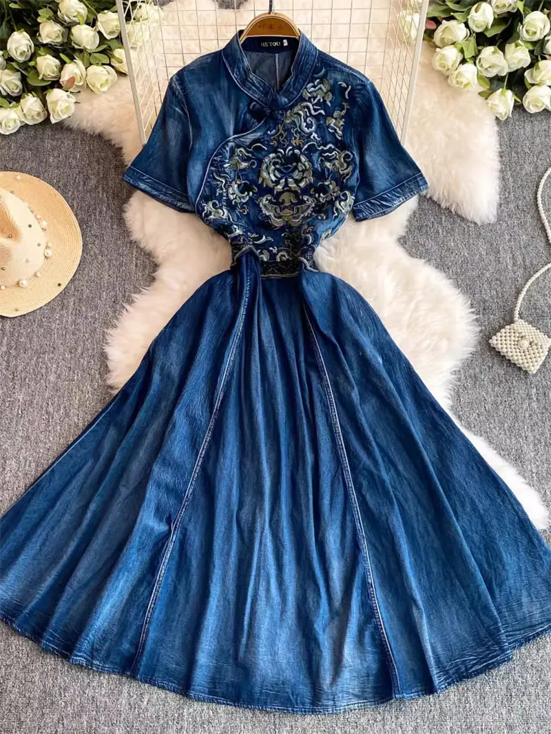 

Женское джинсовое платье-Ципао в этническом стиле, длинное приталенное платье с вышивкой, в стиле ретро, летний сезон, K1942