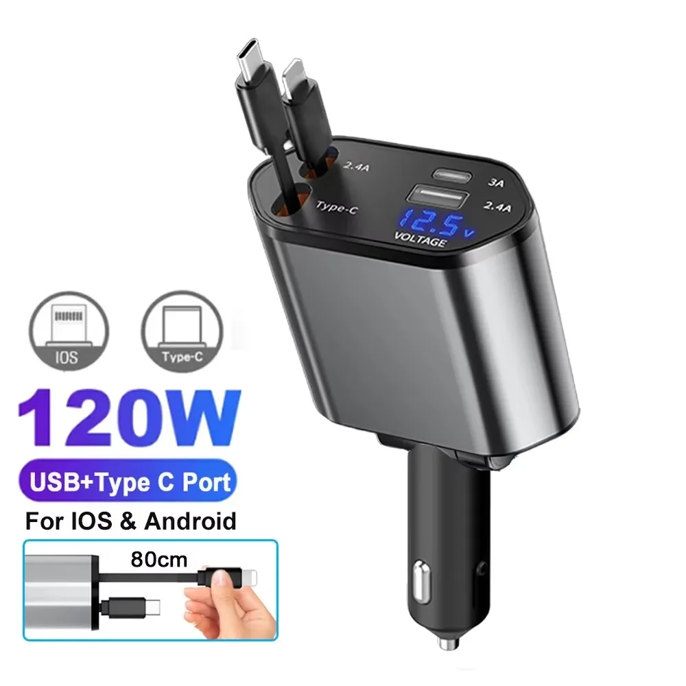 מטען מהיר לרכב PD30W 4 ב-1 עם מתאם חשמל USB Type-C, מטען נייד מתקפל עם תאורת כוכבים לגג לטלפונים IOS ו-Android