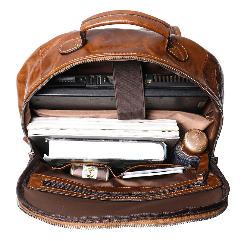 Genuine Leather Backpack for Men, Vegetable-tanned Cowhide with Hand-grabbing Texture, Fits 15-inch Laptop, Travel Shoulder Bag