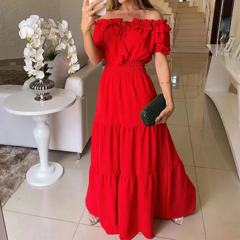 

2023 New Fashionable and Elegant Solid Color Ruffle Edge One Line Neck Bubble Sleeve Large Swing Dress