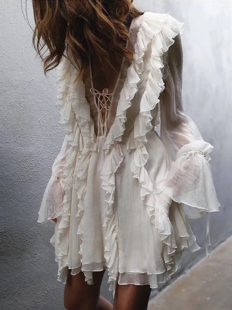 TWOTWINSTYLE Solid Patchwork Ruffle Elegant Dress For Women V Neck 
