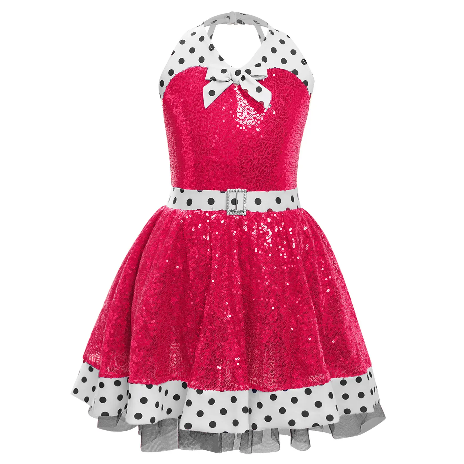 Kinder Mädchen Glitzernde Pailletten Tanz Party Kleid Ärmellose Punkte Patchwork Tutu Trikot Ballsaal Jazz Tanzen Leistung Kostüm – Detail 5