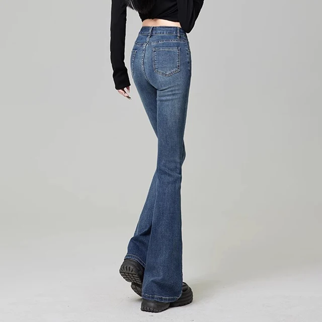 Femmes Vintage haute rue cloche bas jean dame Sexy coupe ajustée Denim Flare pantalon bleu profond bleu clair noir bleu gris pantalon 4