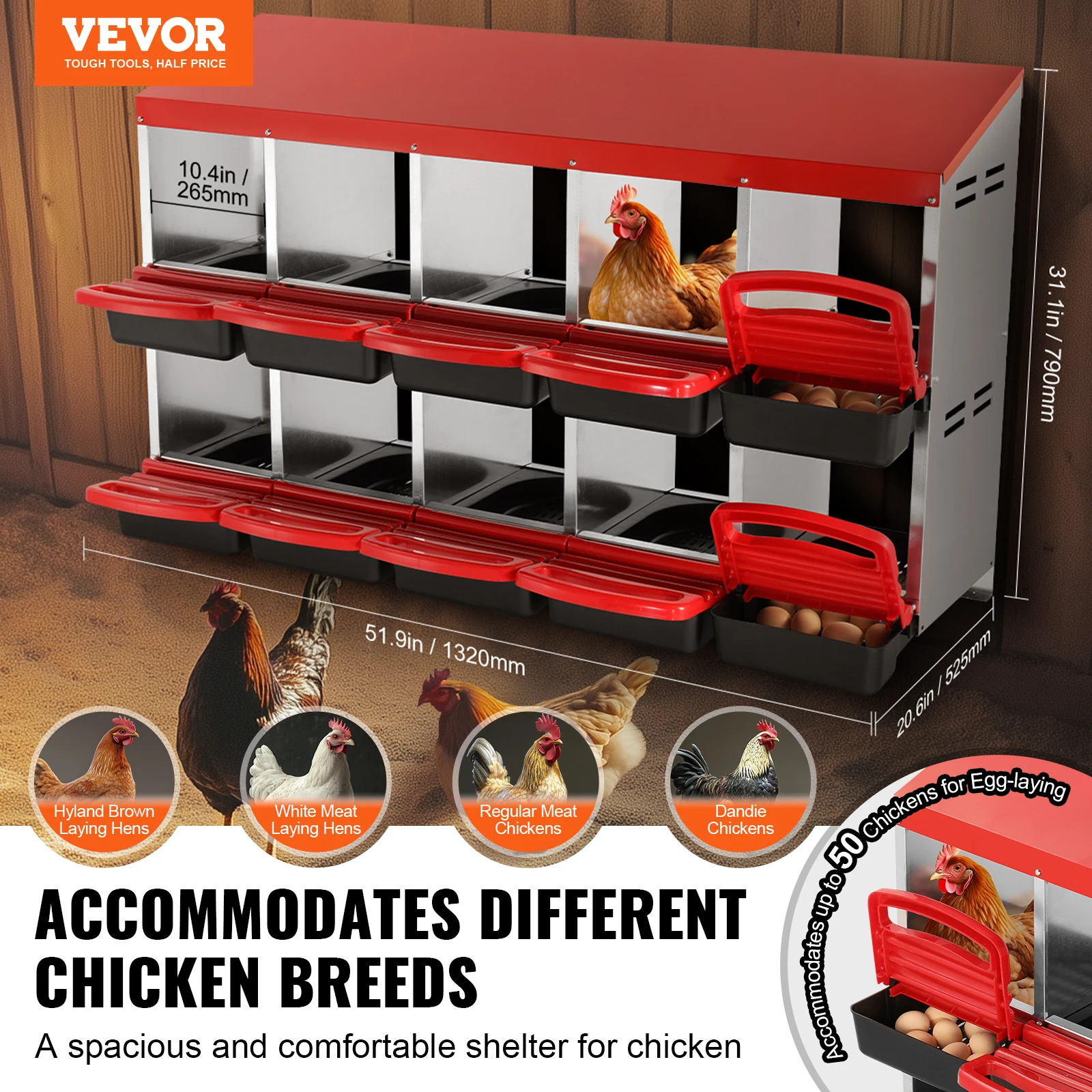 Chicken Nest Box 30 to 45 Stable Corrosion-Resistant Mental Nesting Boxes Inclined Nesting Boxes Bottom Holes chicken nesting pads