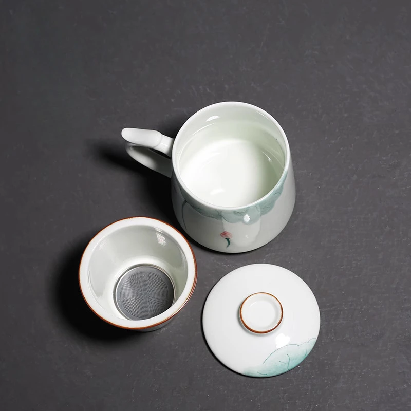 Chinese Style Ceramic Mugs, Home Personal Office Creative Teacup With Cover, Filtered Tea Water Separation, Tea Cups, 375ml, 1Pc
