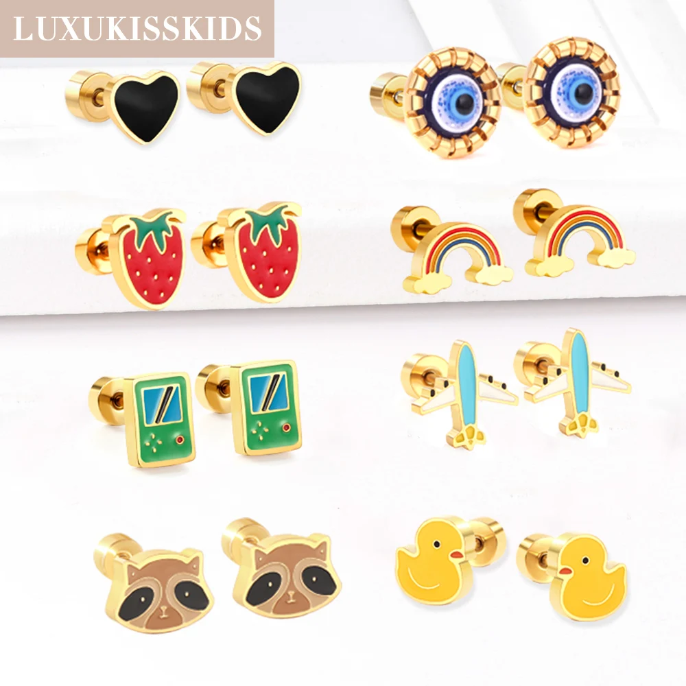 LUXUKISSKIDS сережки Cute Earrings Woman/Girl/Child Stud Surgical Steel Acrylic Heart Animal Strawberry Piercing Hyposensitivity