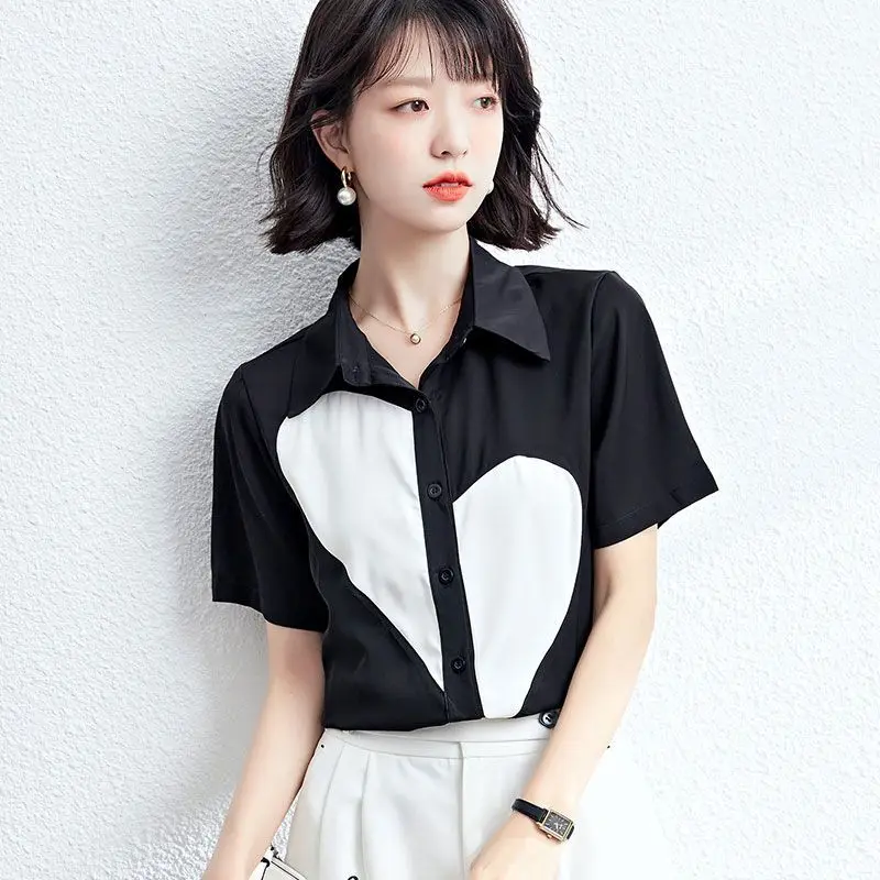 2024 Elegant Fashion Harajuku Slim Fit Women's Clothing Loose Casual All Match Tops Women Patchwork Button Short Sleeve Blusa
