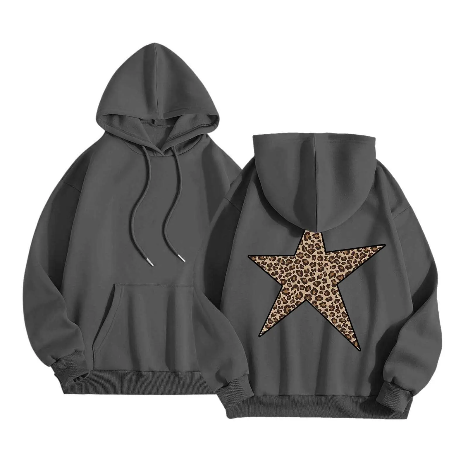 Women Oversize Hoodies With Back Star Leopard Printed Long Sleeve Hooded Sweatshirts Autumn Winter Streetwear Casual Pullover