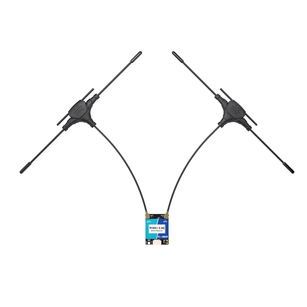 Détail du récepteur GEPRC ELRS bi-bande avec étiquette indiquant les fréquences 915M et 2.4G.