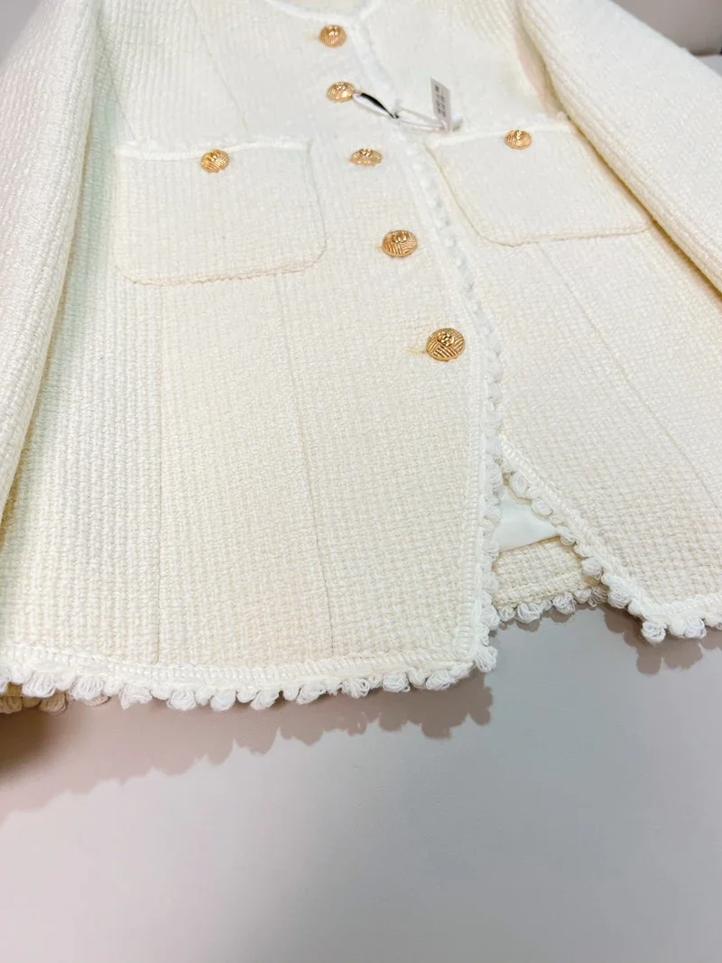 White Tweed Jacket for Women, Basic Wool Coat for Ladies, Wild