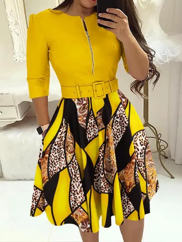 

Womens Dresses 2023 Summer Fashion Leopard Print Colorblock Zipper Pocket Design Casual Round Neck Daily Midi Dress with Belt