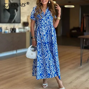 Abito lungo Boho con stampa estiva a maniche corte Abito casual retrò etnico a trapezio Mujer Abiti eleganti da festa con colletto rovesciato 1