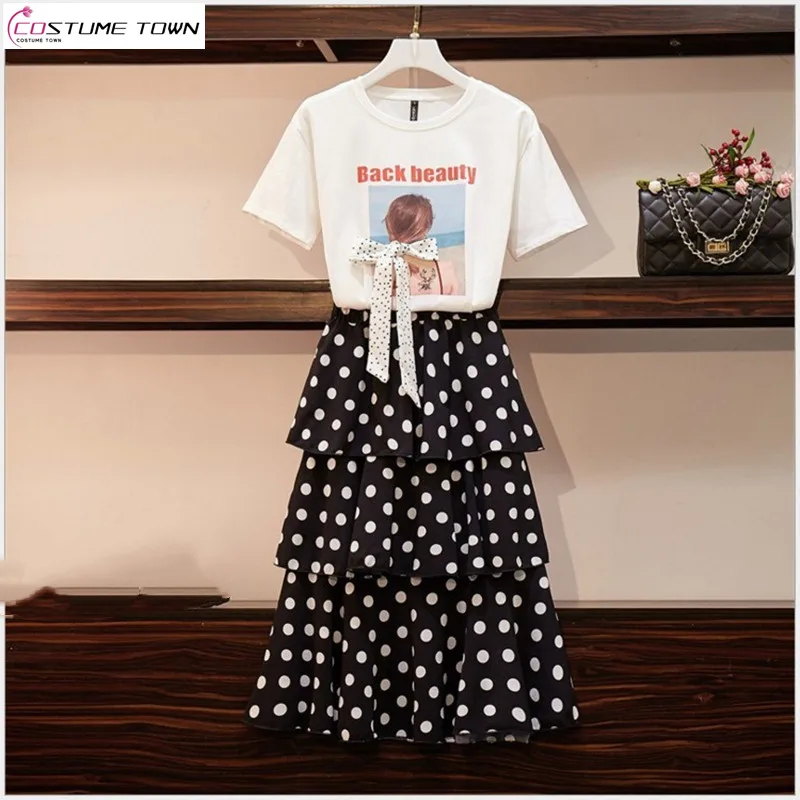 Summer Korean Version New Chubby MM Dress Women's Set Loose Oversized Short Sleeved Top+skirt Two-piece Set Trend