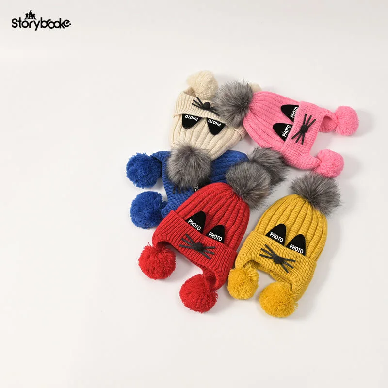 Hat scarf gloves Baby hat scarf gloves three-piece set Autumn/winter children's woolen hat boy/girl cartoon cat beard