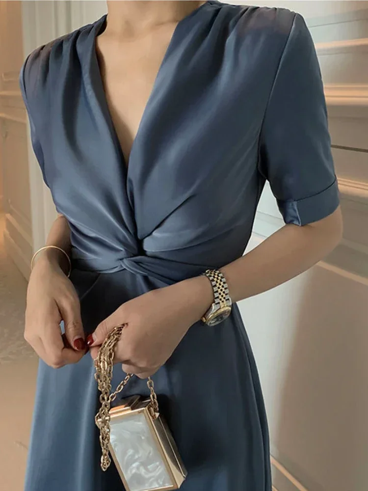 

Summer Dress V-neck Short Sleeve Solid Color High Waist Long Dress for Women Fashion Elegance Office Lady New Women Clothing