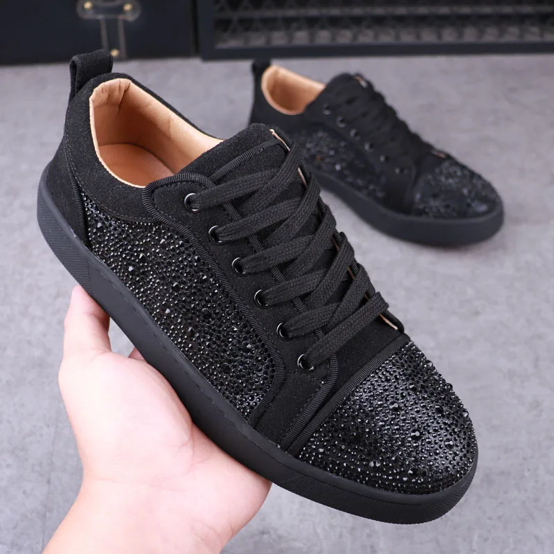 New Designer Fashion Men's Charm Rhinestone Black White Lace Up Shoes Male Causal Flats Moccasins Walking Sneakers 3