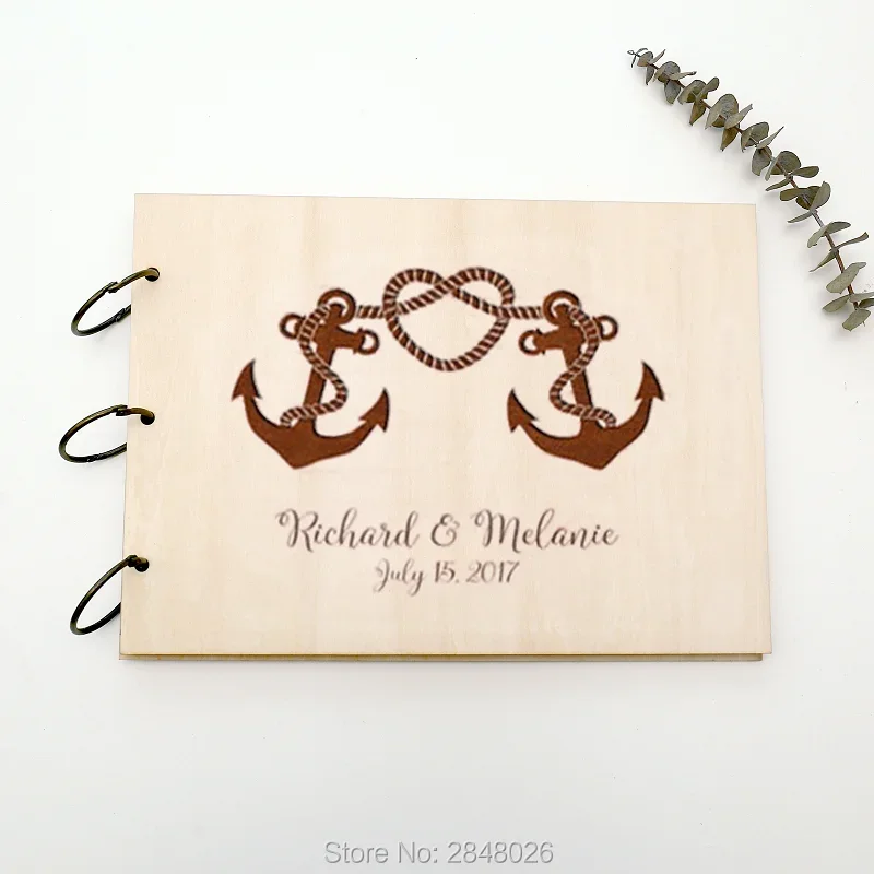 Rustic personalized wedding guest book,Nautical Anchor wooden Wedding guestbook, personalized elegant photo album