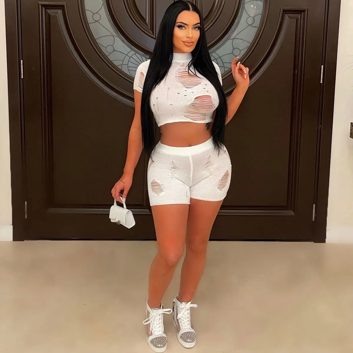 

Sexy Knit Rib Hole Two Piece Set Women 2023 New Casual Hollow Out Crop Top + Shorts Skinny Club Party Outfits Summer Clothes