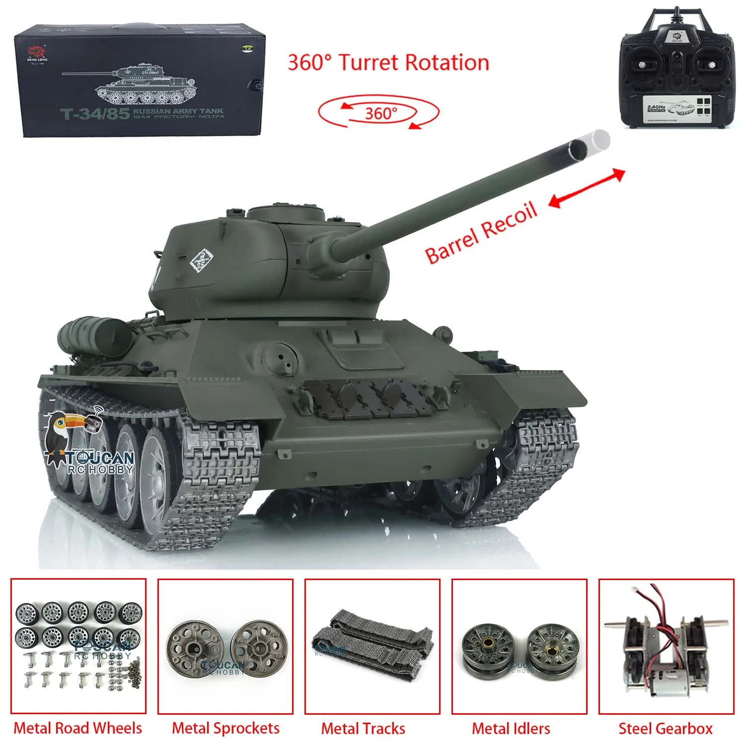 1/16 Pro Ver 7.0 Soviet T34-85 3909 360&deg;Barrel Recoil Metal Tracks Wheels Engine Sound RC Armored Tank TH17770-SMT7 for Henglong remote control car remote control tank remote control vehicle