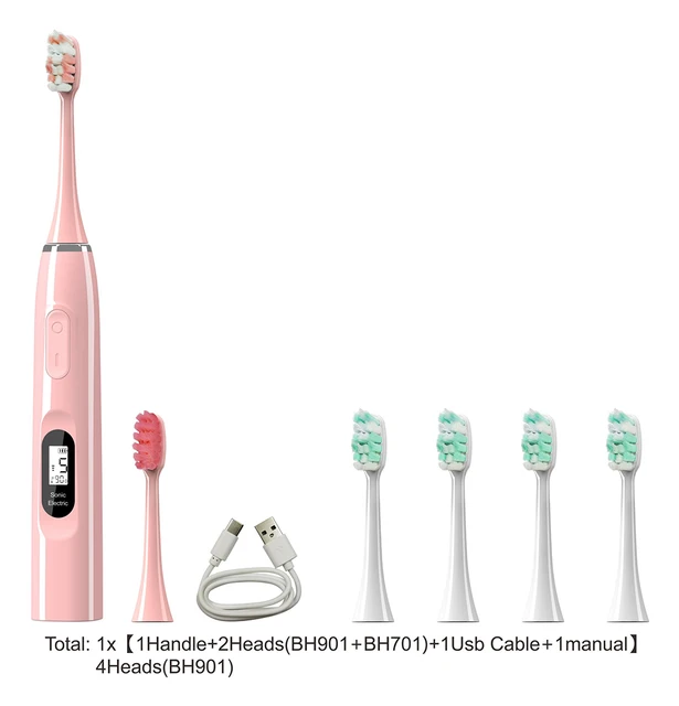 Sfeel 15 Modes LCD Screen Sonic Smart Electric Toothbrush Adult Timer USB Type C Rechargeable IPX7 Waterproof Whitening Pink-6 heads