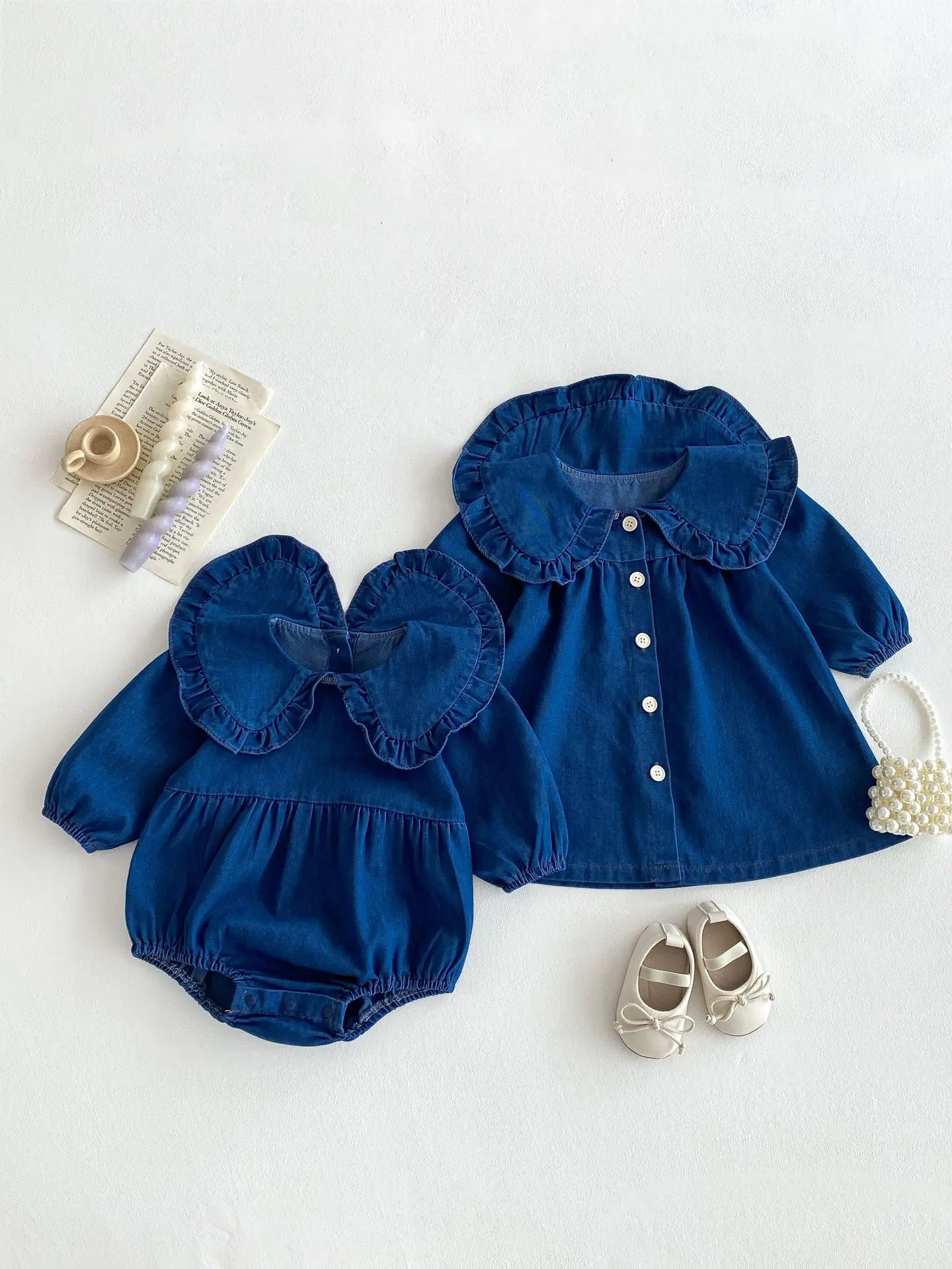 Baby Girls Denim Bodysuit Long Sleeve One Piece