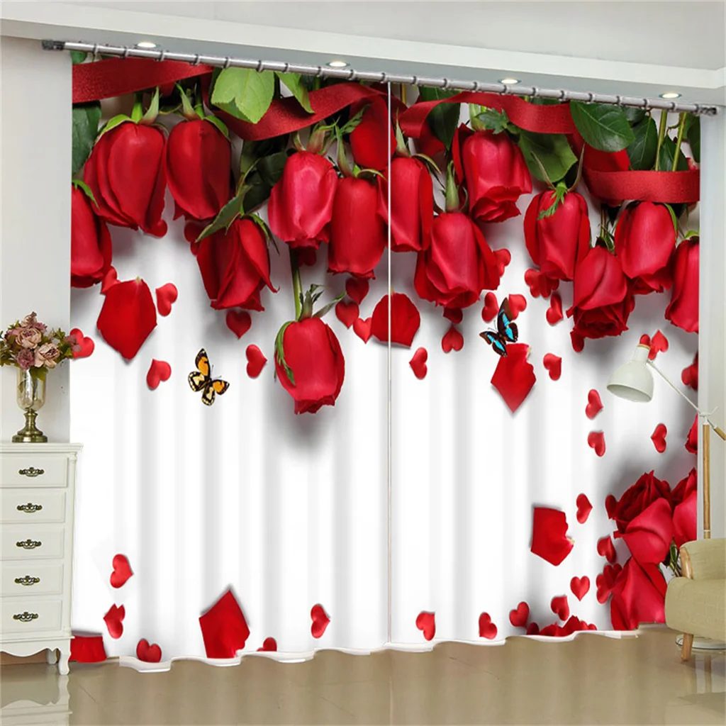 

Romantic Red Rose Luxury Blackout Window Curtains For Bedroom Living Room Bathroom Kicthen Door Hall Cupboard On Sale 2pieces