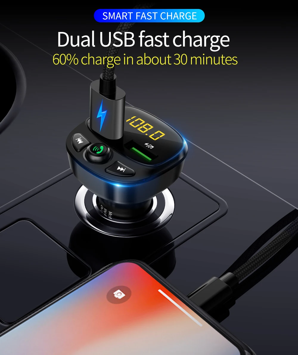 Car FM Transmitter Bluetooth 5.0 Dual USB Charger Wireless Handsfree Car Kit FM