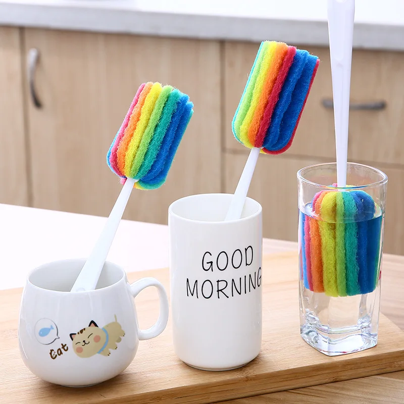 3Pcs Rainbow Sponge Brush Water Bottle Cup Mug Glass Washing Sponge Cleaning Brush Scrubber with Handle Cleaning Utensils