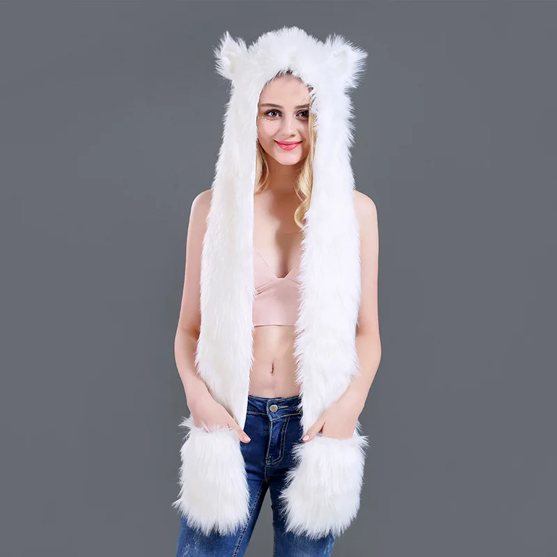 Winter Hood Animal Hat Ear Flaps Hand Pockets 3in1 Animal Hood Hat Wolf Plush Warm Cap Scarf Gloves Costume