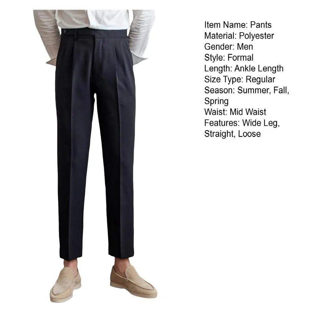 Description Picture 3 of itemBusiness Pants Formal Business Style Men's Suit Pants Wide Leg Mid-high Waist Deep Pockets Button-zipper Closure Office Wear