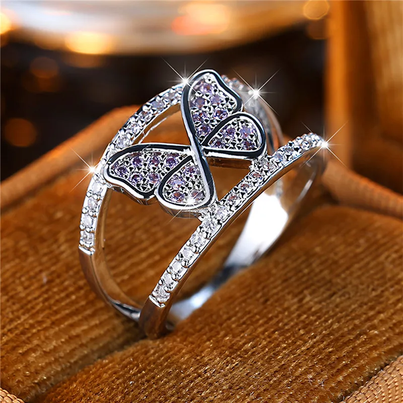 Cute Female Small White Purple Zircon Stone Butterfly Engagement Ring Trendy Silver Color Bride Wedding Jewelry Gift For Women