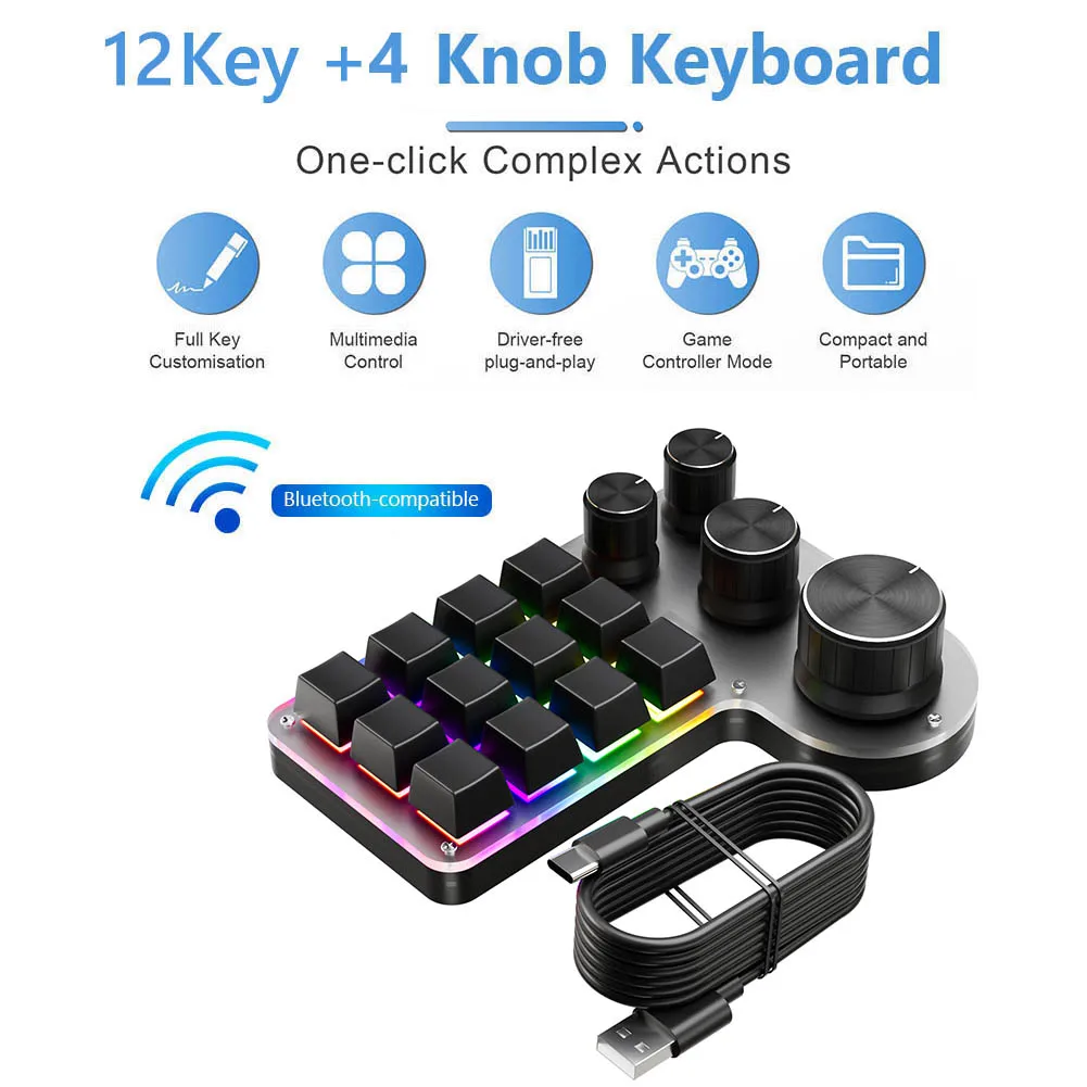 PC 노트북용 프로그래밍 매크로 키보드, RGB 사용자 정의 노브, 복사 붙여넣기 포토샵 게임 키보드, 3 4 6/12 키, 1 2 3/4 노브