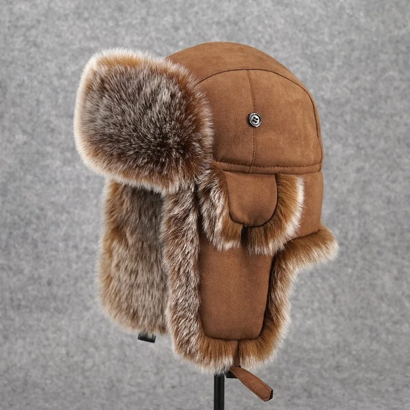 

Winter Russian Man & Woman Wholeskin Natural Rex Rabbit Fur Hats Luxury Real Sheep Skin Leather Cap Unisex Real Fur Bomber Hat
