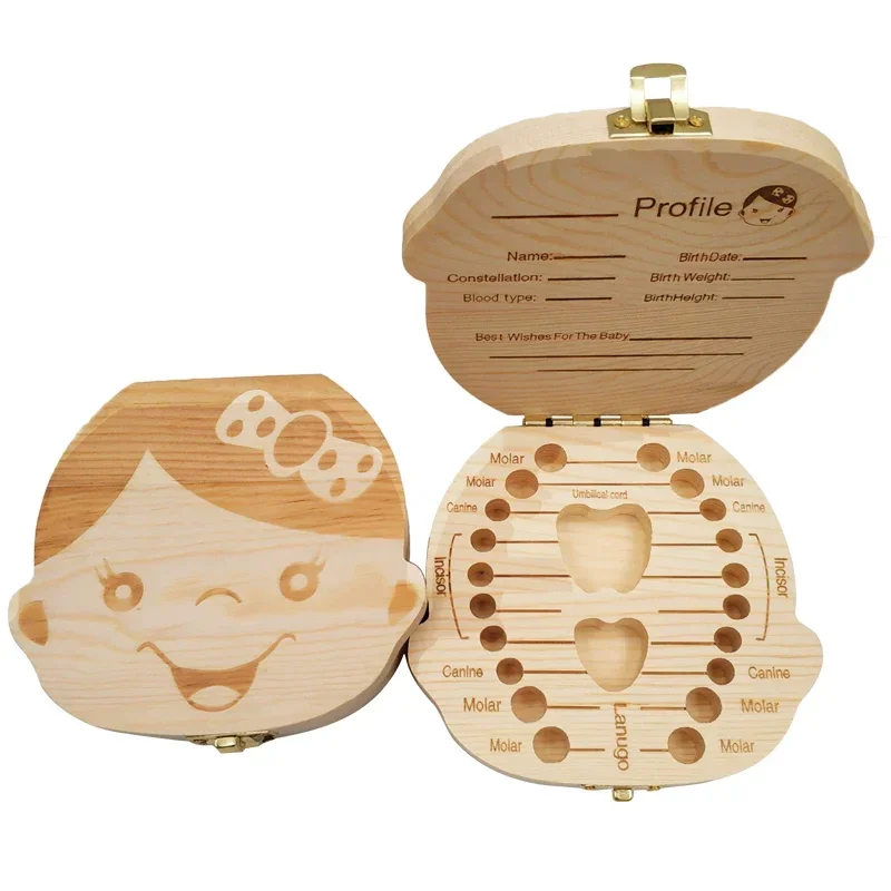 Tooth Box Baby Tooth Box Spanish/Dutch/French/German Wooden Kids Milk Teeth Organizer Storage Boys Girls Baby Souvenirs Gifts Keepsakes