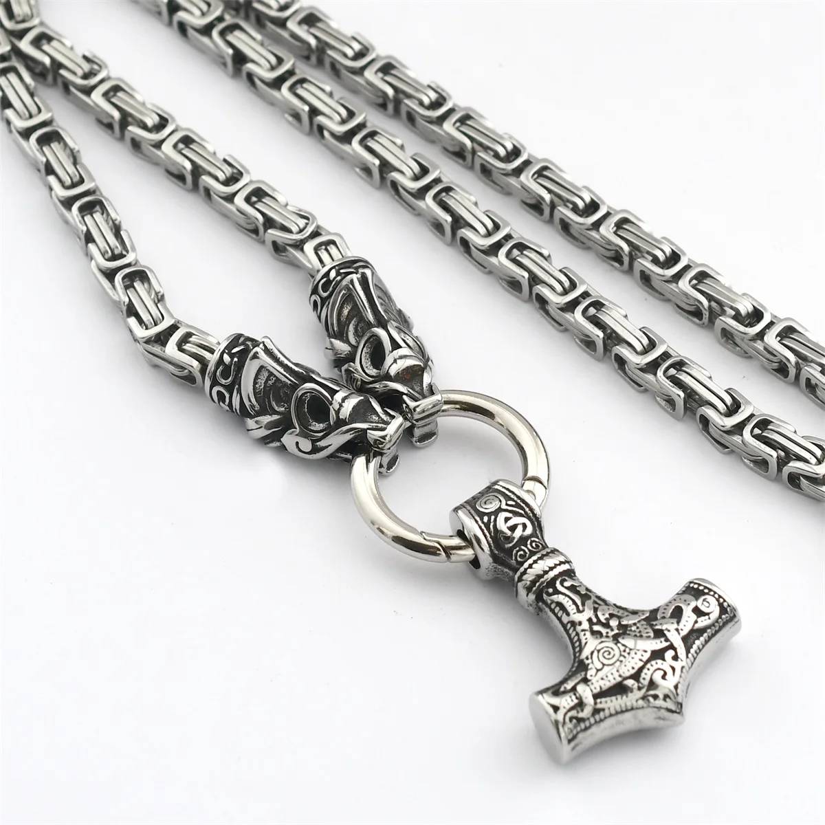 Men's Viking New Wolf Head King Chain Necklace Nordic Stainless Steel Thor's Hammer Pendant Amulet Necklace