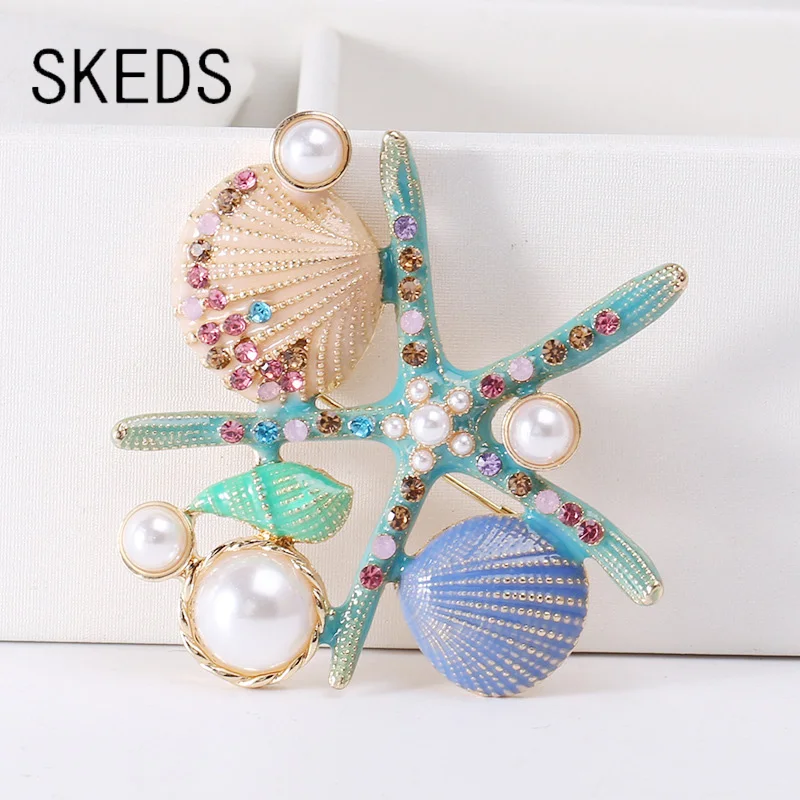 SKEDS 여자 여자 바다 스타 진주 브로치 핀 패션 우아한 해변 바다 사이드 액세서리 라인 석 브로치 휴일 최고의 선물