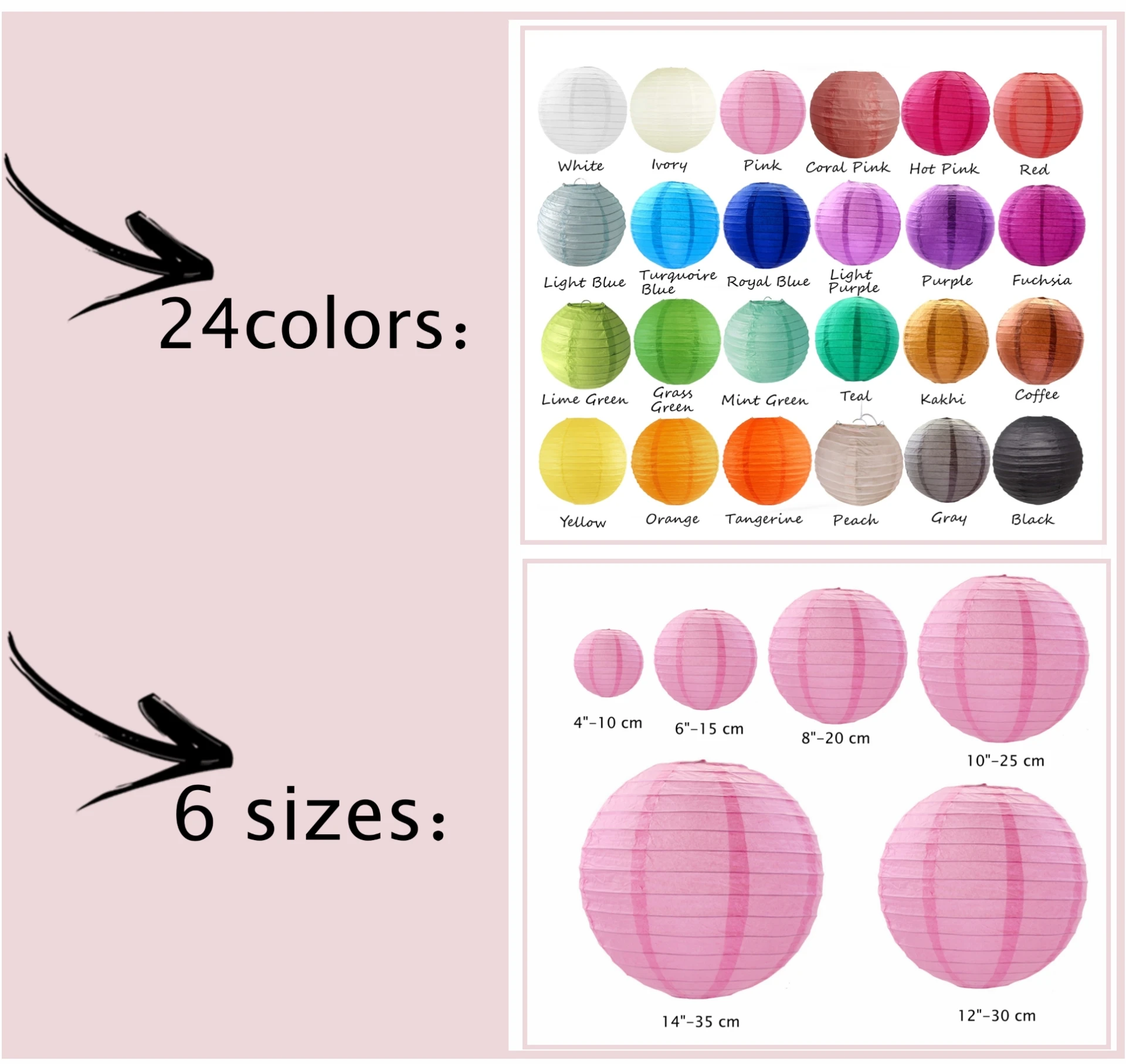 Description Picture 3 of itemPaper Lanterns 24 colors with size 4" 6" 8" 10“ 12” 14“-Hanging Chinese Paper lanterns for birthday party ,wedding decor