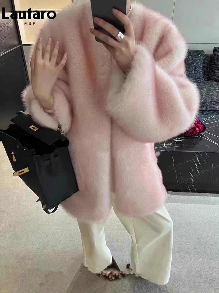 

Lautaro Autumn Winter Pink Soft Thick Warm Hairy Shaggy Faux Fox Fur Coat Women with O Neck Luxury Designer Fluffy Jacket 2023