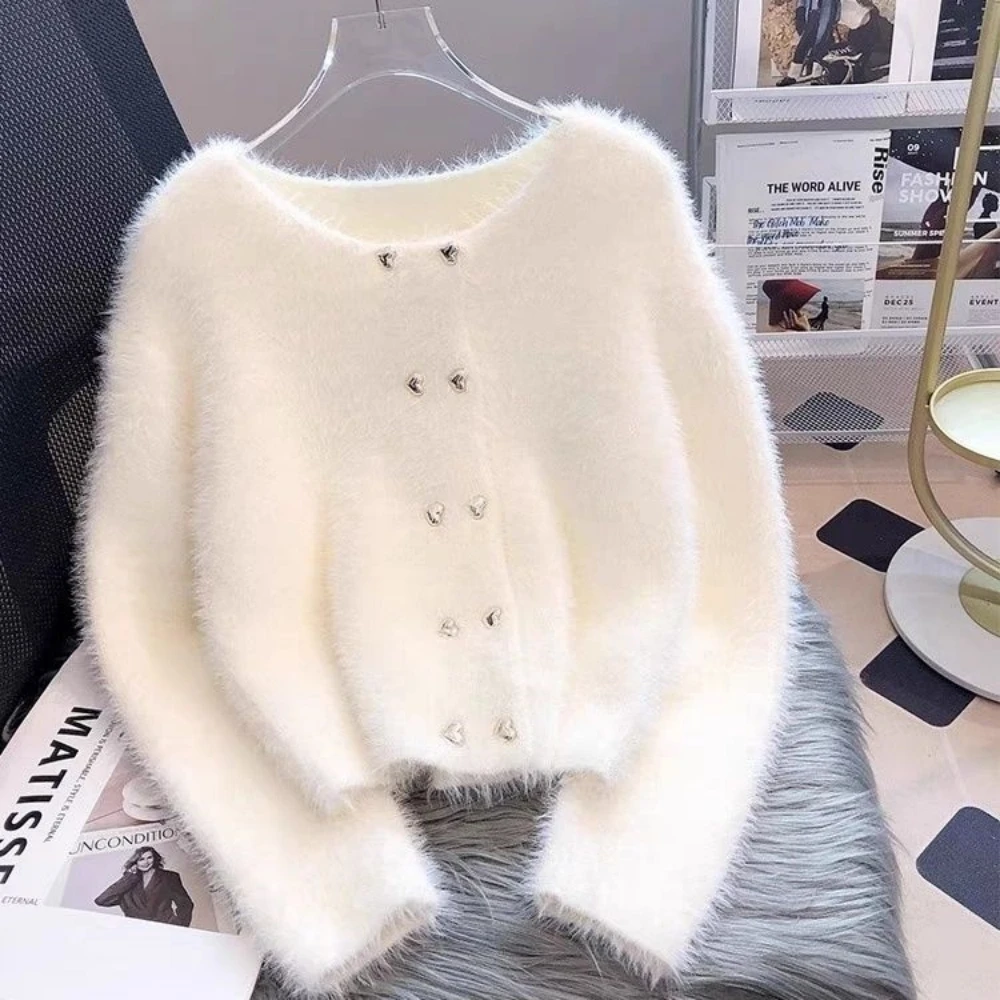 

Tassels Solid Full Sleeves O-neck Short Autumn Winter Women Pullover Knitted Sweater Imitation Mink Velvet Causal Slim Outerwear