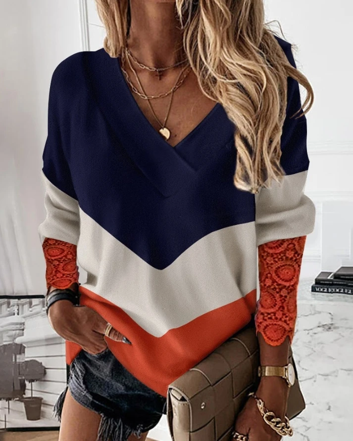 

Women Pullovers Urban Style Colorblock Contrast Lace Long Sleep Top 2024 Spring Latest Casual Versatile V-Neck Daily T-Shirt