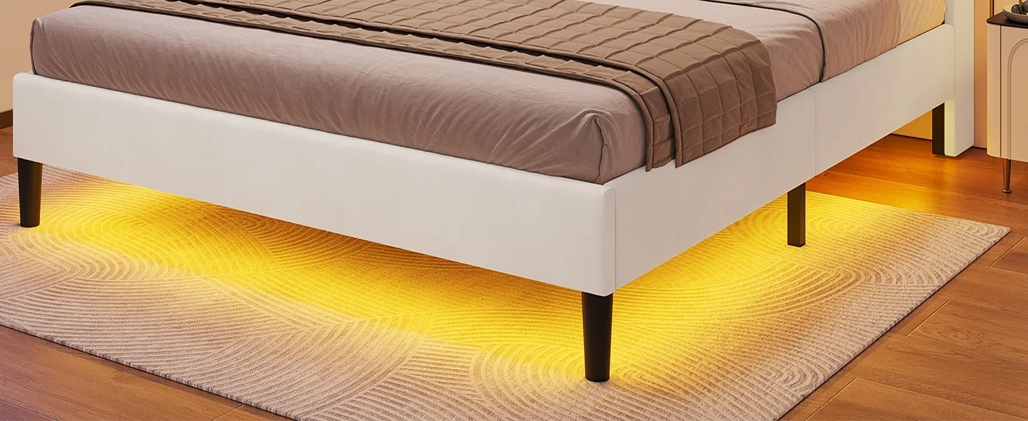 Description Picture 3 of itemLED Bed Frame with Type-C & USB Charging Station,Bed Frame with Storage Headboard,Modern Velet Upholstered Platform Bed with