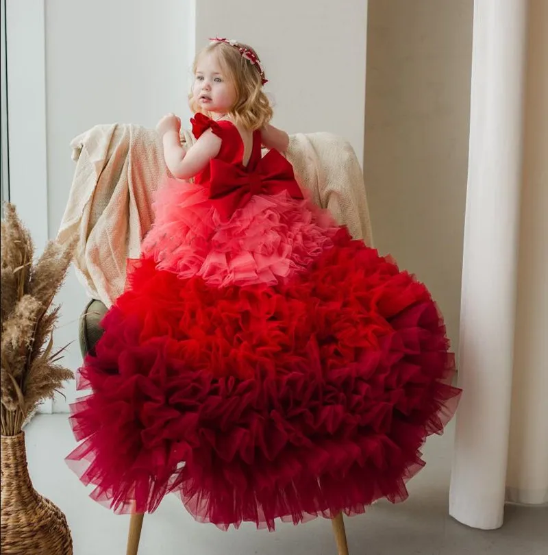 

Handmade Red Girls Birthday Dress Layers Tulle Long Tail Princess Flower Girl Dress Wedding Gown Big Bow Kid Prom Party Gowns