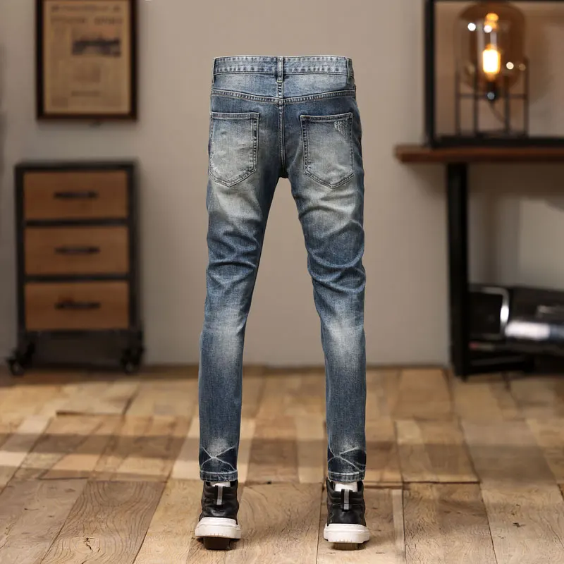 Street Fashion Men jeans High Quality Retro Blue Stretch Slim Fit Ripped Jeans Men Patched Designer Vintage Denim Pants Hombre